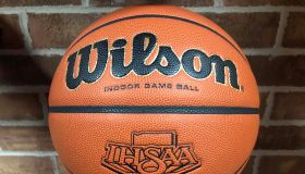 A Wilson basketball with the IHSAA logo imprinted upon it.