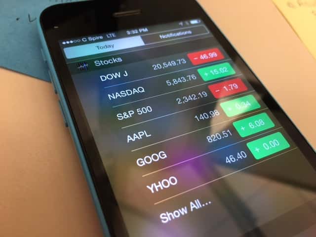 Stocks displayed on an iphone
