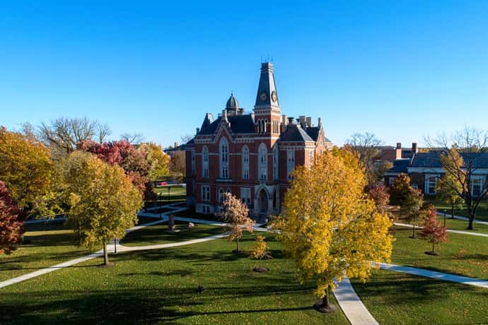 A view of DePauw University under the beautiful blue sky