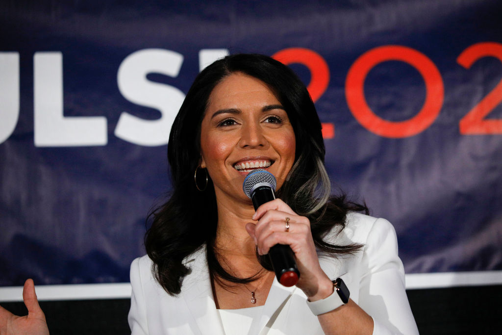 Democratic presidential candidate U.S. Representative Tulsi Gabbard (D-HI) holds a Town Hall meeting on Super Tuesday Primary night on March 3, 2020 in Detroit, Michigan. Gabbard, the first Samoan American and first Hindu elected to Congress, is one of two women left in the Democratic Primary, the other being Senator Elizabeth Warren. (Photo by Bill Pugliano/Getty Images)