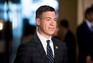 Rep. Jim Banks, R-Ind., does a television interview in the Capitol on Wednesday, Sept. 27, 2017. (Photo By Bill Clark/CQ Roll Call)