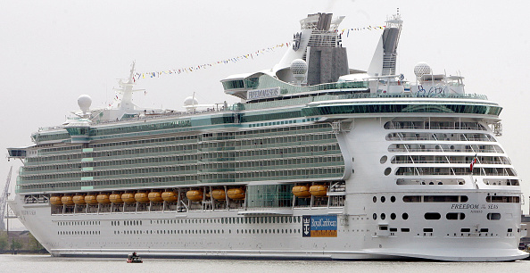 The cruise ship Freedom of the Seas, owned by Royal Caribbean, sits off the shores of Bayonne, New Jersey 12 May, 2006 in New York Harbor.