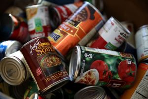 Donated canned foods sit in a bin at San Mateo High School on November 29, 2017 in San Mateo, California.