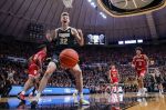 Matt Haarms #32 of the Purdue Boilermakers reacts after dunking the ball against the Indiana Hoosiers in the second half of the game at Mackey Arena on January 19, 2019 in West Lafayette, Indiana.
