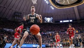 Matt Haarms #32 of the Purdue Boilermakers reacts after dunking the ball against the Indiana Hoosiers in the second half of the game at Mackey Arena on January 19, 2019 in West Lafayette, Indiana.