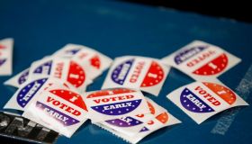 "I Voted Early" stickers are seen at Tippecanoe Library on the first day of in-person early voting for the November 3, 2020 elections in Milwaukee, Wisconsin, on October 20, 2020.