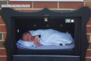 An infant inside a Safe Haven Baby Box.