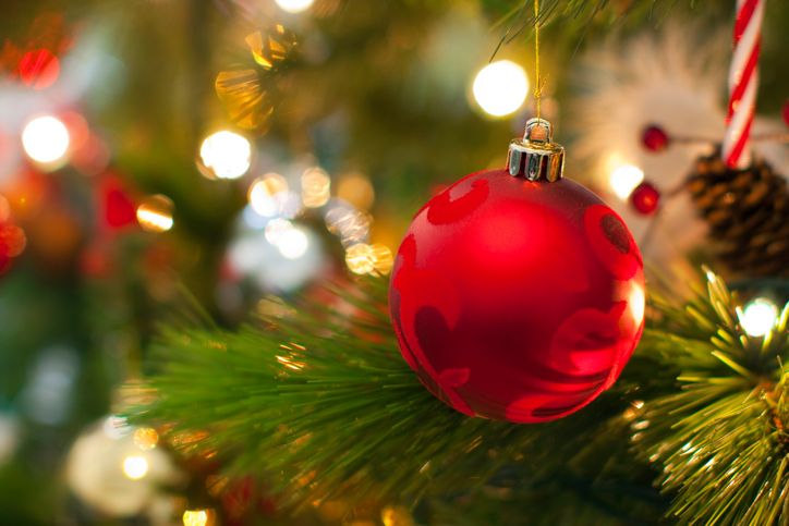 A close-up of a red ornament on a Christmas tree branch.