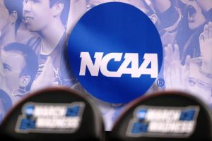 NCAA logo seen during the first round of the 2017 NCAA Men's Basketball Tournament at Vivint Smart Home Arena on March 16, 2017 in Salt Lake City, Utah.