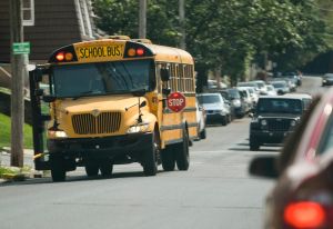 A school bus stopping to pick up a kid.