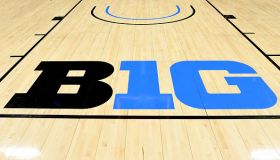 The Big Ten logo on the court at Bankers Life Fieldhouse before the game between the Maryland Terrapins and the Iowa Hawkeyes on March 10, 2019 in Indianapolis, Indiana.