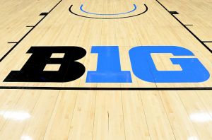 The Big Ten logo on the court at Bankers Life Fieldhouse before the game between the Maryland Terrapins and the Iowa Hawkeyes on March 10, 2019 in Indianapolis, Indiana.