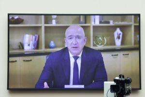 Jeff Bezos, founder and chief executive officer of Amazon.com Inc., speaks via videoconference during a House Judiciary Subcommittee hearing in Washington, D.C., U.S., on Wednesday, July 29, 2020. Chief executives from four of the biggest U.S. technology companies face a moment of reckoning in an extraordinary joint appearance before Congress that will air bipartisan concerns that they are using their dominance to crush rivals at the expense of consumers. Photographer: Graeme Jennings/Washington Examiner/Bloomberg via Getty Images