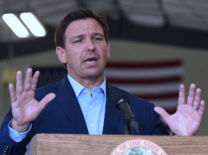 Florida Governor, Ron DeSantis speaks at a press conference at the Eau Gallie High School aviation hangar. DeSantis announced he is asking the legislature for $75 million of federal funds to support what hes dubbed the Get There Faster initiative, aimed at boosting access to technical education programs for both high school students and adult learners.