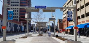 Georgia Street in downtown Indianapolis decorated for March Madness