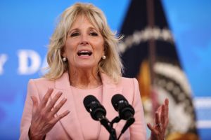 U.S. first lady Jill Biden delivers remarks during an Equal Pay Day event in the South Court Auditorium in the Eisenhower Executive Office Building on March 24, 2021 in Washington, DC. Highlighting the gender pay gap, Equal Pay Day raises awareness that women in the United States earned $0.82 for every dollar men earned in 2019, according to the National Committee on Pay Equity.