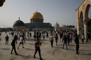 People outside a mosque in Jerusalem