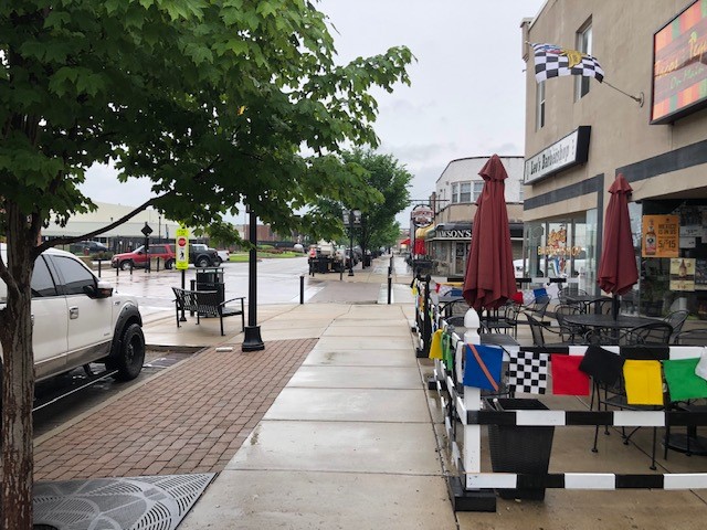 Main street in Speedway, restaurants on the right, the street in the middle