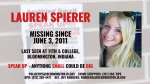 A graphic design containing information related to the disappearance of Lauren Spierer, an IU student who went missing ten years ago on June 3rd, 2011.