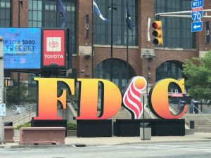 A sign with big letters "FDIC" outside Lucas Oil Stadium