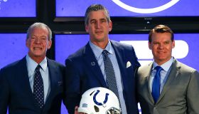 Colts Owner Jim Irsay standing with GM Chris Ballard and Coach Frank Reich