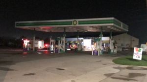 A photo of a BP gas station in Lebanon that was set on fire
