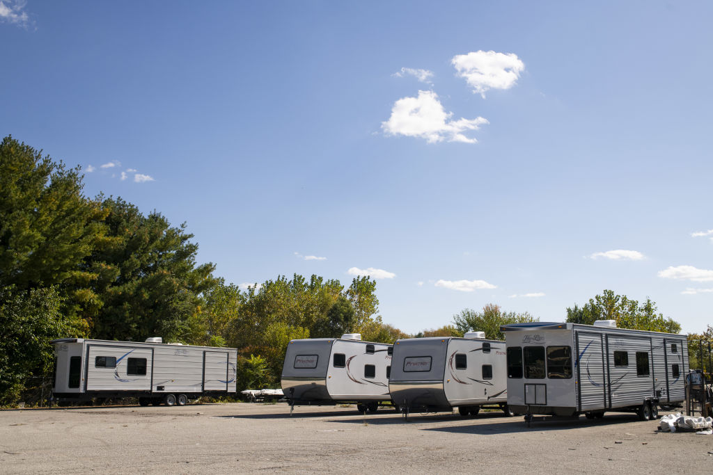 Finished destination recreational vehicles (RV) at the HL Enterprise manufacturing facility in Elkhart, Indiana, U.S., on Thursday, Oct. 8, 2020.