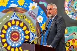 Gov. Eric Holcomb at Camp Atterbury.