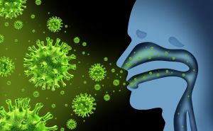 Flu virus spread caused by influenza with human symptoms of fever infecting the nose and throat as deadly microscopic microbe cells with 3d illustration elements.