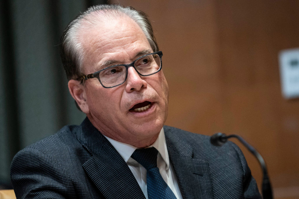 Senator Mike Braun, R-IN, questions FBI Director Christopher Wray during a Senate Appropriations Subcommittee on Commerce, Justice, Science, and Related Agencies hearing June 23, 2021 on Capitol Hill in Washington, D.C. The committee is hearing testimony regarding the proposed budget for fiscal year 2022 for the FBI. (Photo by Sarah Silbiger-Pool/Getty Images)
