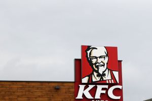 KFC King logo from USA, after some multinationals left Russia due to the war with Ukraine and product prices are rising in gas stations and retail stores Barcelona, on March 22, 2022 in Barcelona, Spain. (Photo by Joan Cros/NurPhoto via Getty Images)