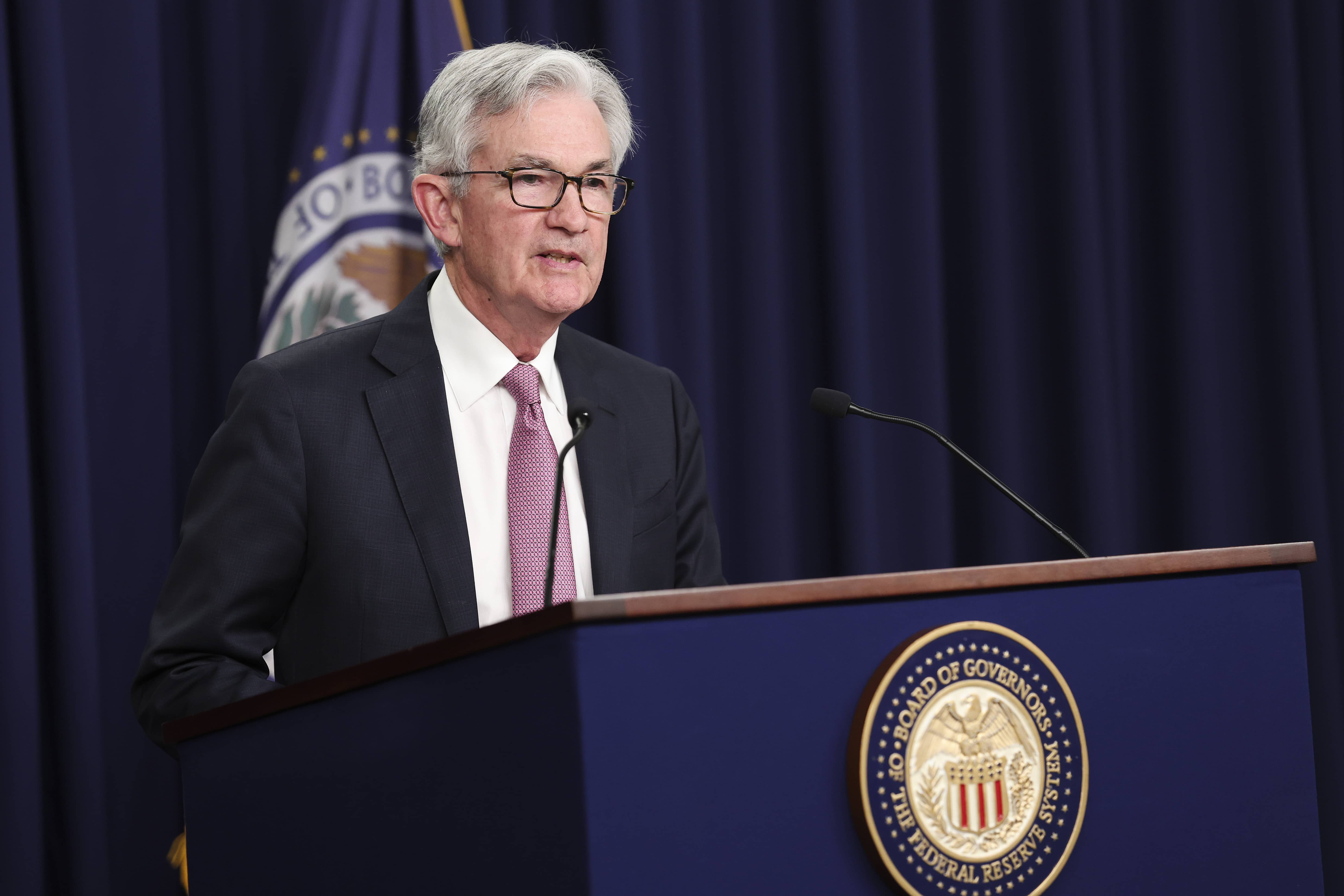 Federal Reserve Chairman Jerome Powell speaks at a news conference following a Federal Open Market Committee meeting