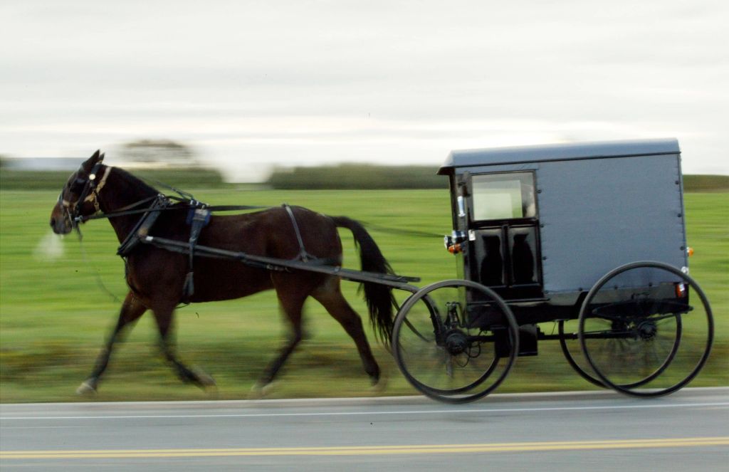 Horse Drawn Amish Buggy rolling down the road