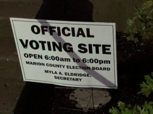 A vote center sign