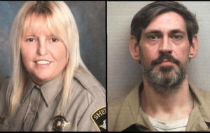Vicky and Casey White portrait in uniform and mugshot, respectively