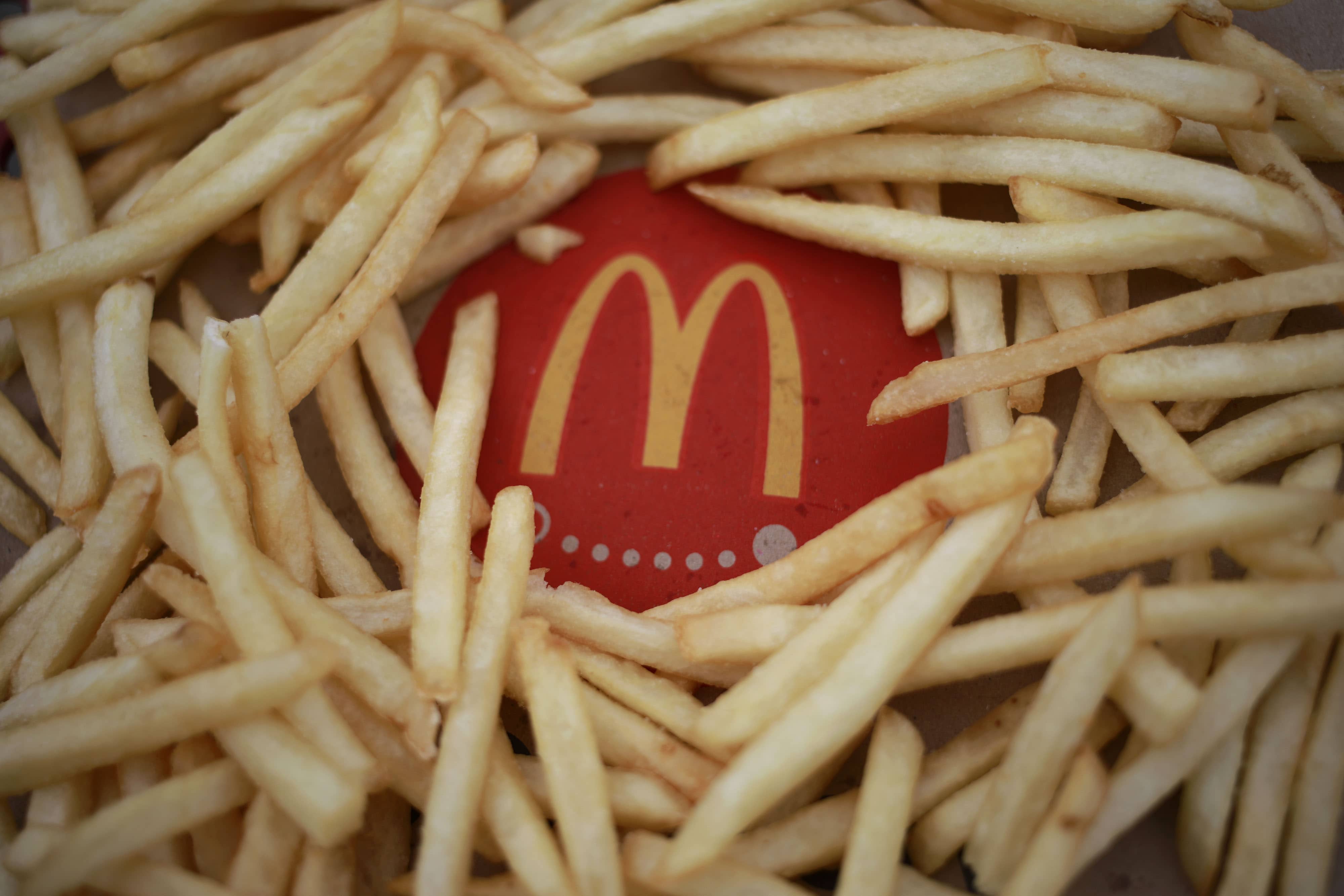 French fries arranged at a McDonald's Corp. fast food restaurant