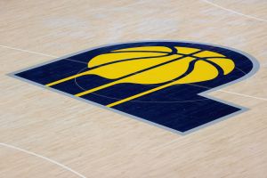 Pacers logo on basketball court