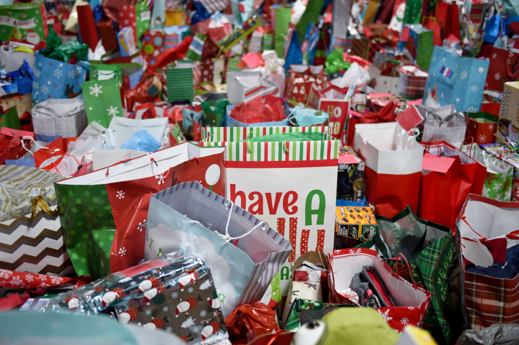 Gifts grouped and about to be packaged as the Salvation Army distributed Christmas Gifts Monday. Photo by Lauren A. Little 12/17/2018