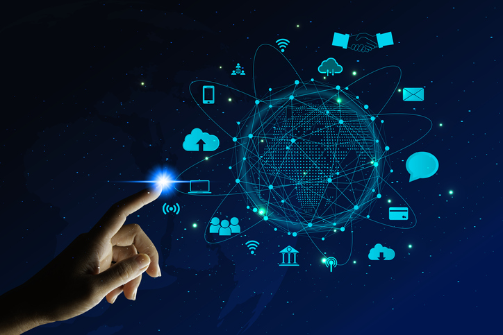 Information Technology Networks Internet Connecting Wireless Devices around the world. Information Technology is Essential to Businesses in the Digital world with and Icons Connected to each other