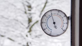 close-up of thermometer outside window