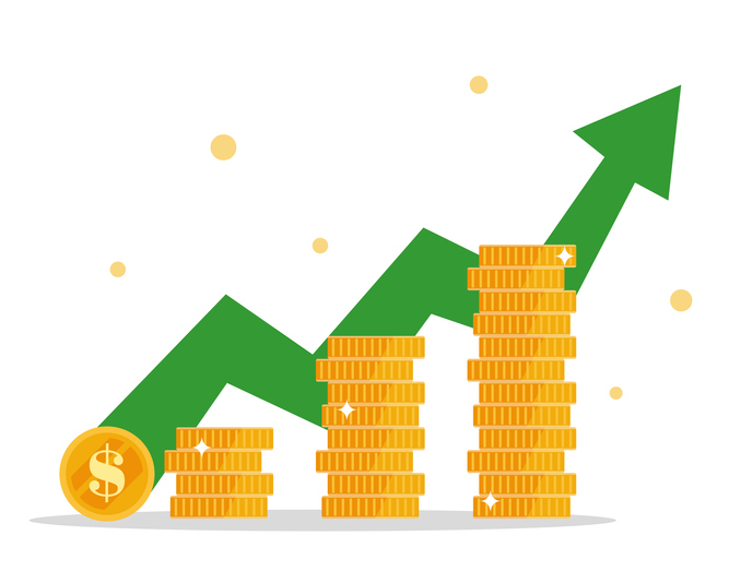Income rising up. Golden coins and green arrow goes upwards. Financial success vector illustration.