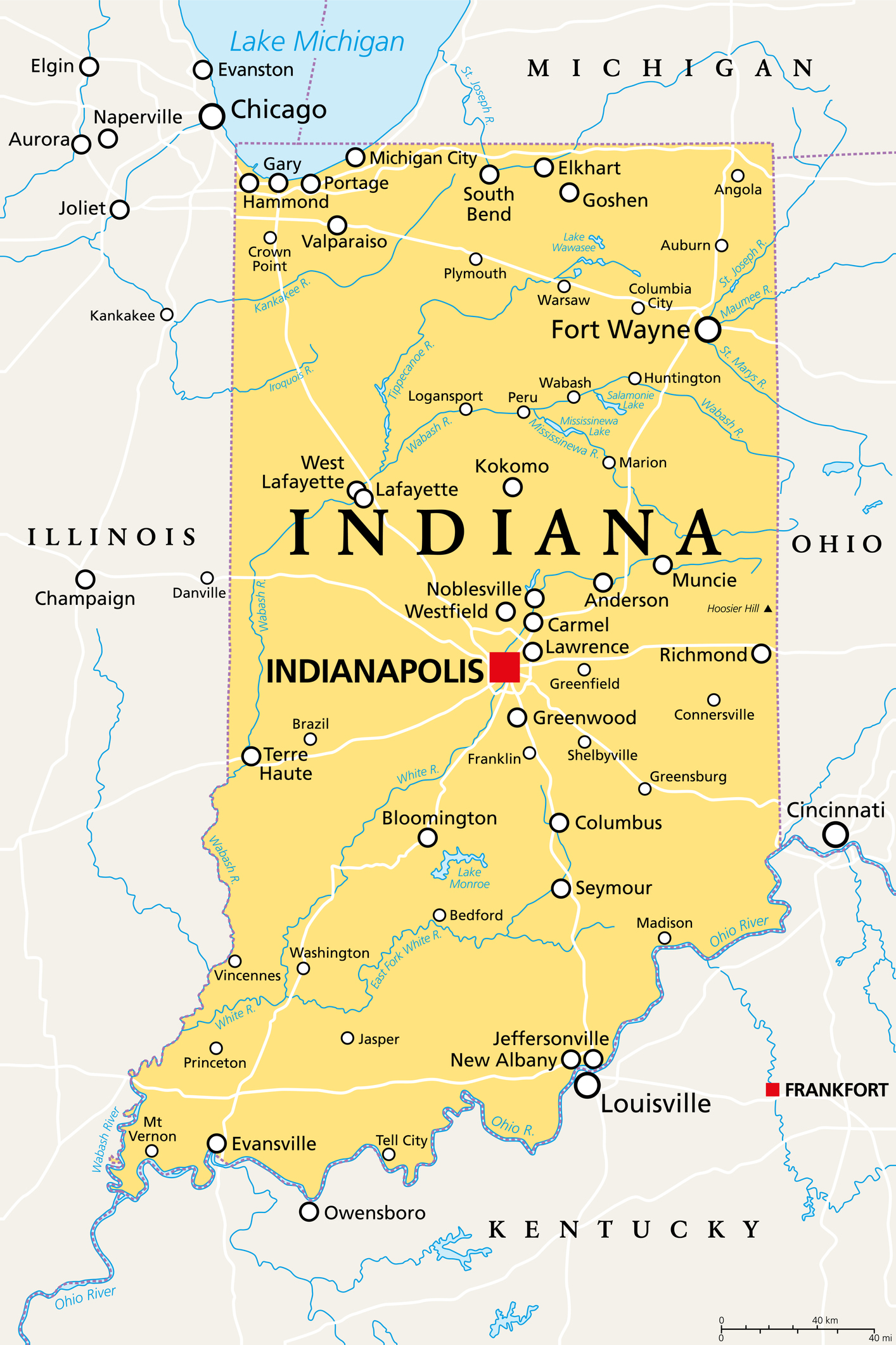 Indiana, IN, political map, US state, nicknamed The Hoosier State