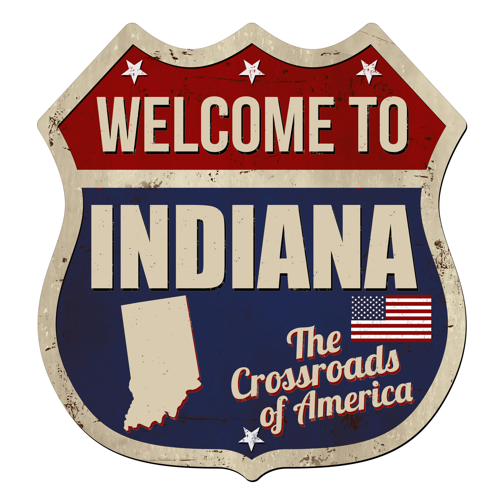"Welcome to Indiana" rusty metal sign on a white background