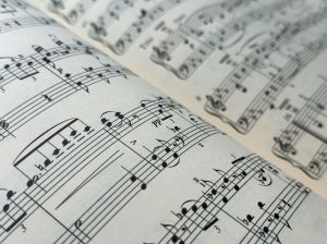 Music sheet with notes with selective focus