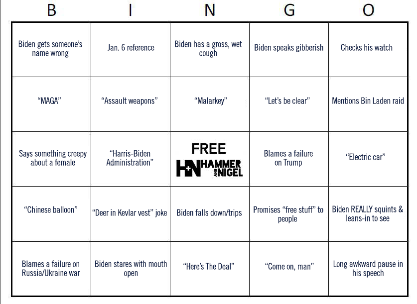 State of the Union Bingo Card for tonight at 9PM