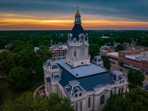 Drone view of Parke County Courthouse, Rockville, Indiana