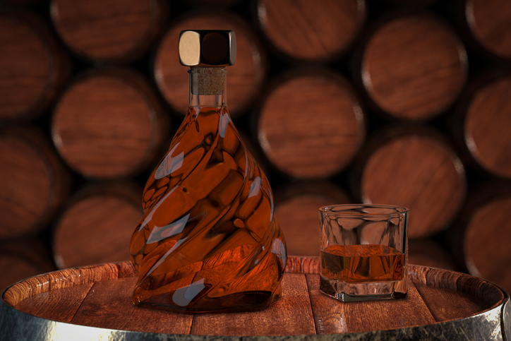 Whiskey Bottle, Glass and Old Wooden Oak Barrel. 3d Rendering