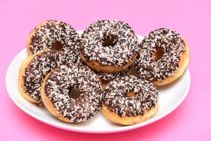 Plate of chocolate doughnuts