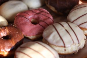 Colourful donuts in a bakery shop