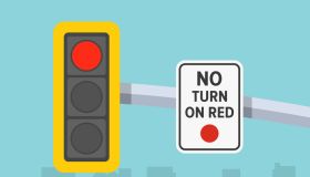 Traffic regulations. Close-up view of a traffic signal and "no turn on red" sign.